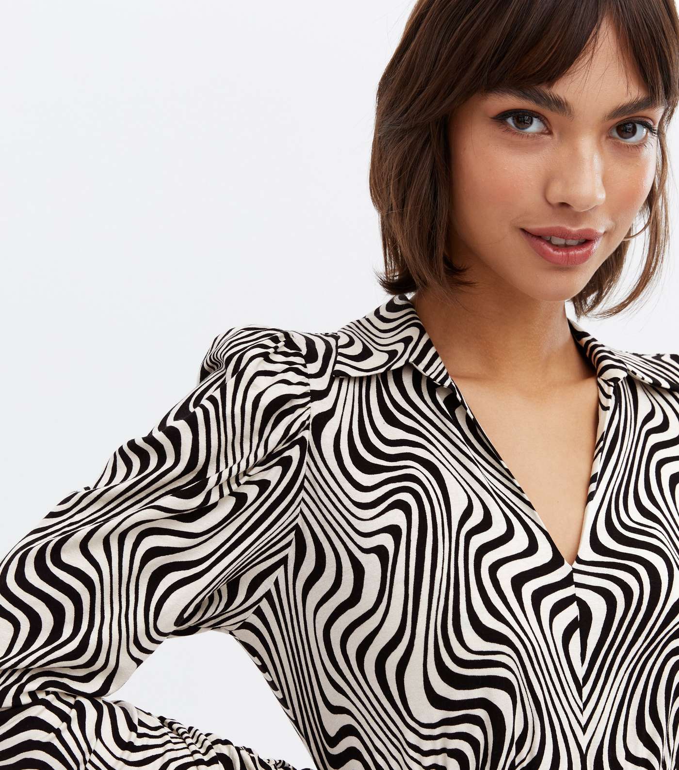 Black Zebra Print Collared V Neck Shirred Midi Dress Image 3
