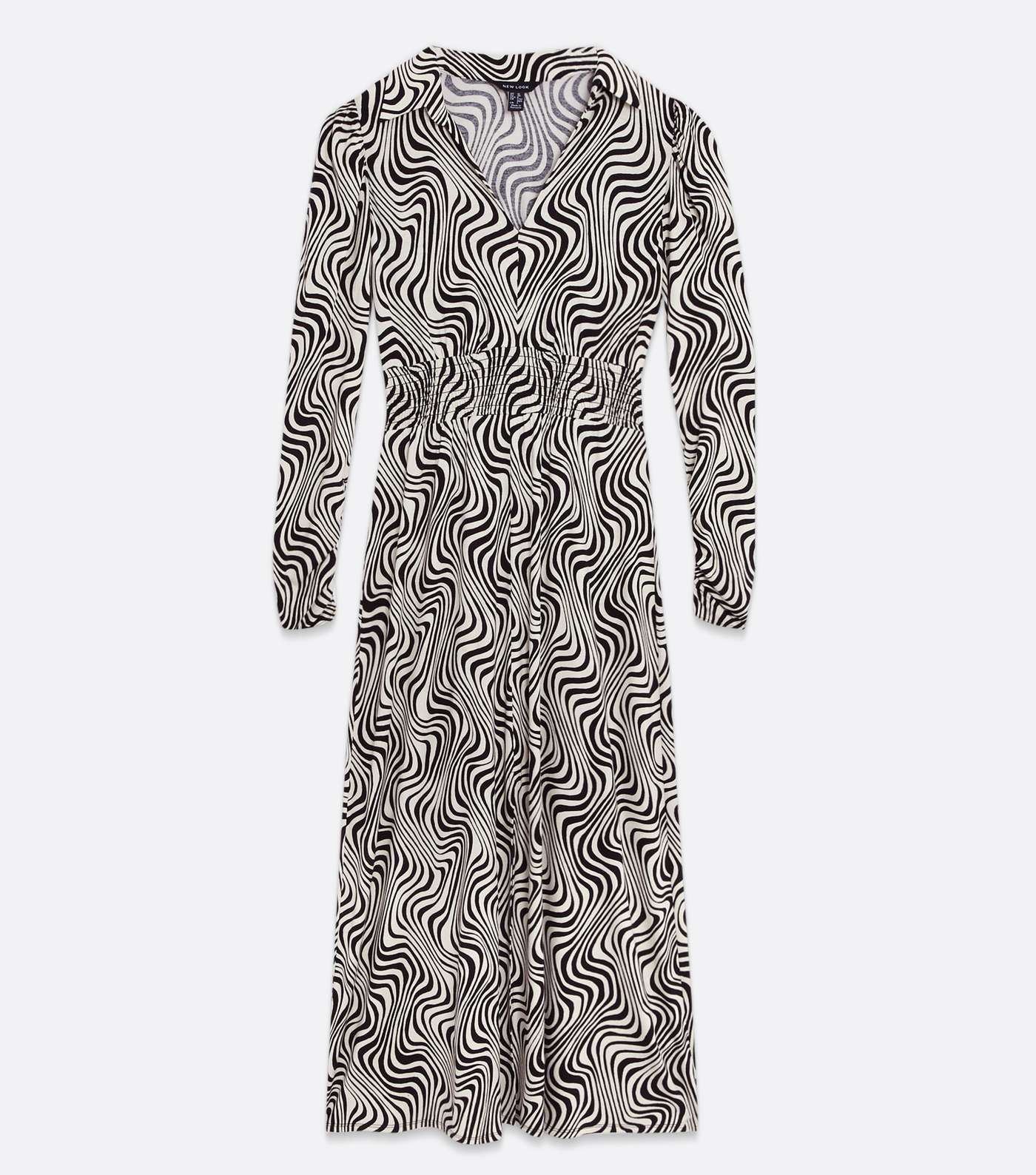 Black Zebra Print Collared V Neck Shirred Midi Dress Image 5