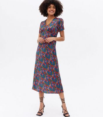 Blue Ditsy Floral Lace Trim Midi Dress New Look