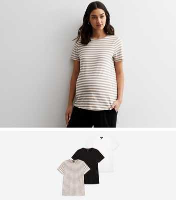 Maternity 3 Pack Black White and Brown Stripe Crew T-Shirts