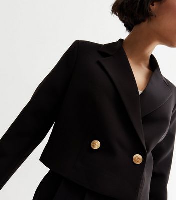 cropped black blazer with gold buttons