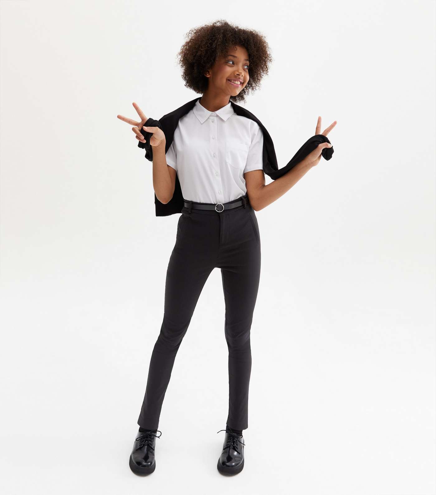 Girls Black Grow Proof Belted Skinny School Trousers