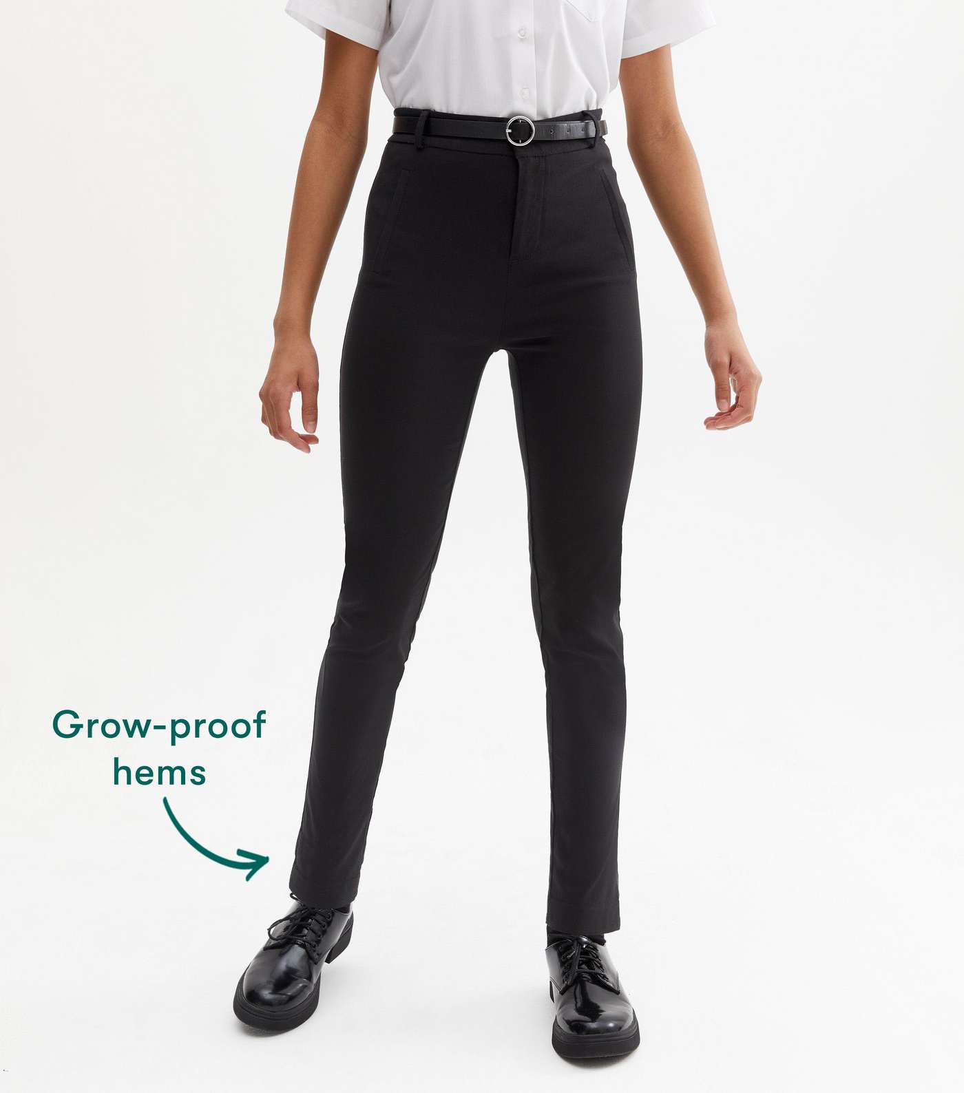Girls Black Grow Proof Belted Skinny School Trousers Image 3