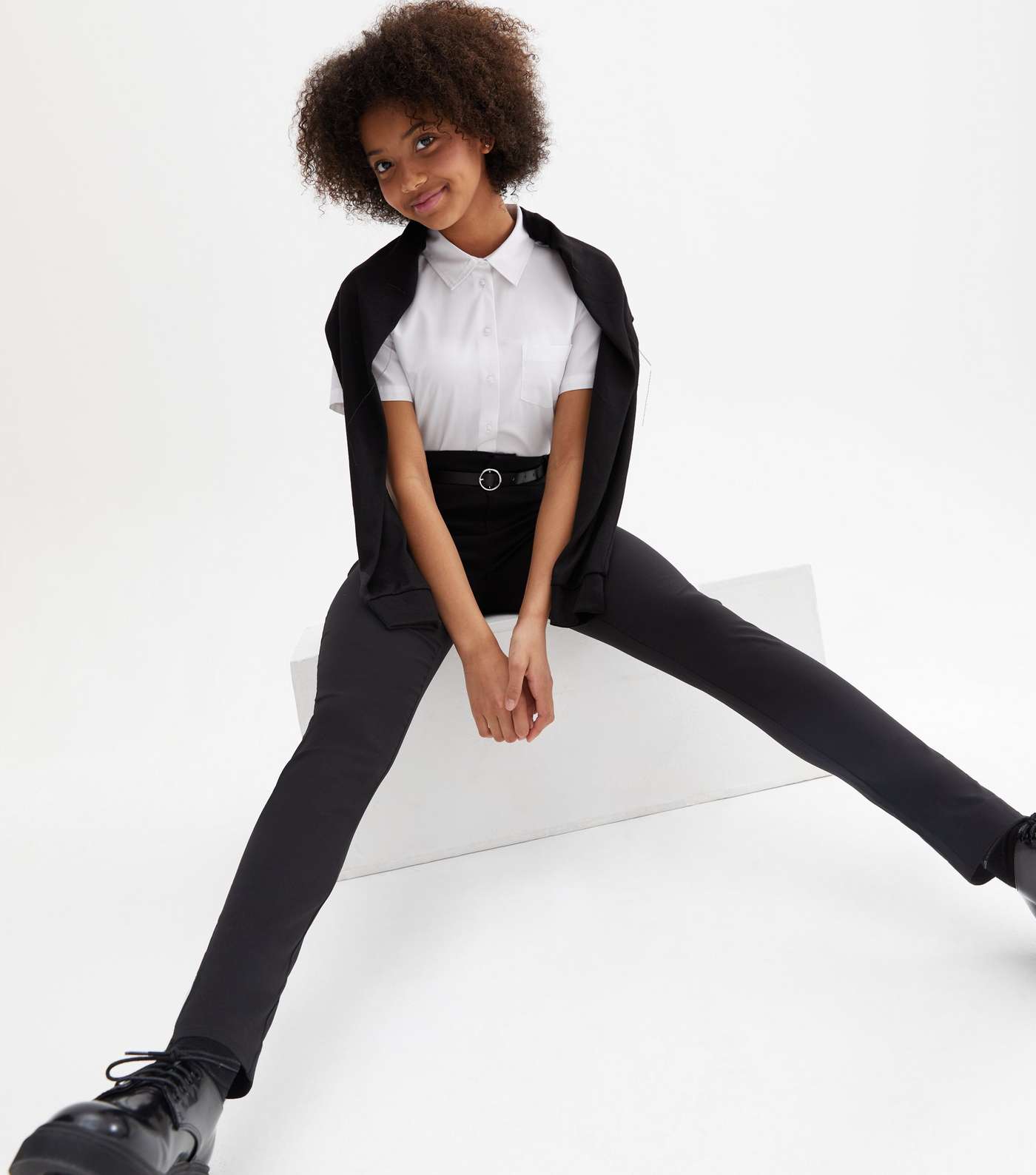 Girls Black Grow Proof Belted Skinny School Trousers Image 5
