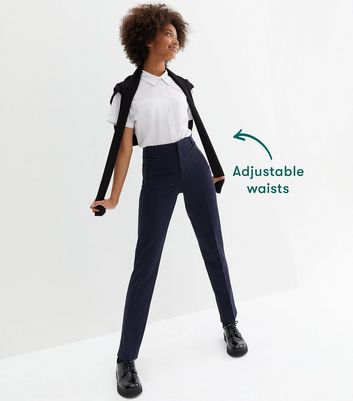 Girls Navy Adjustable Waist Slim Leg School Trousers | New Look