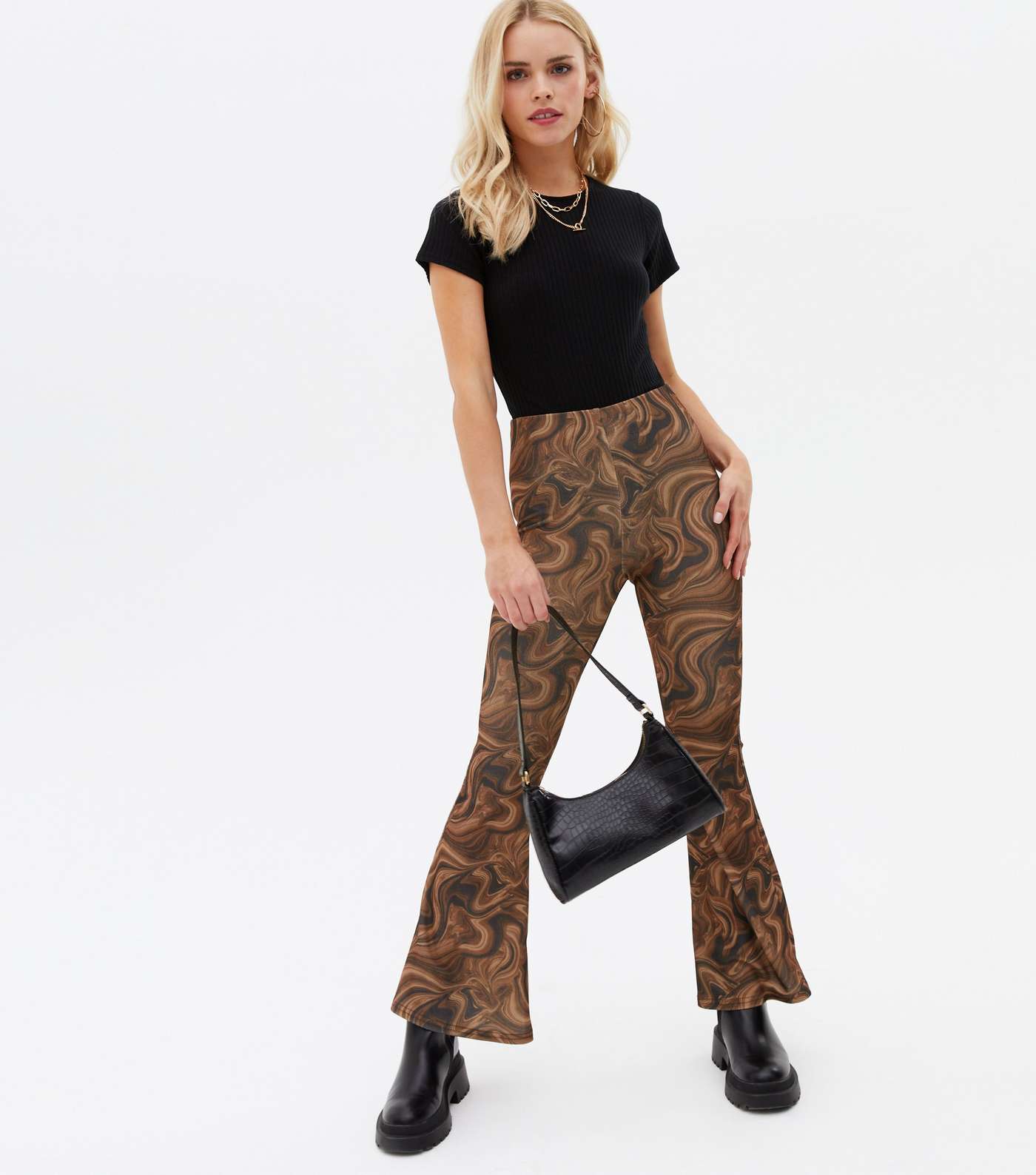Petite Brown Marble Ribbed Flared Trousers