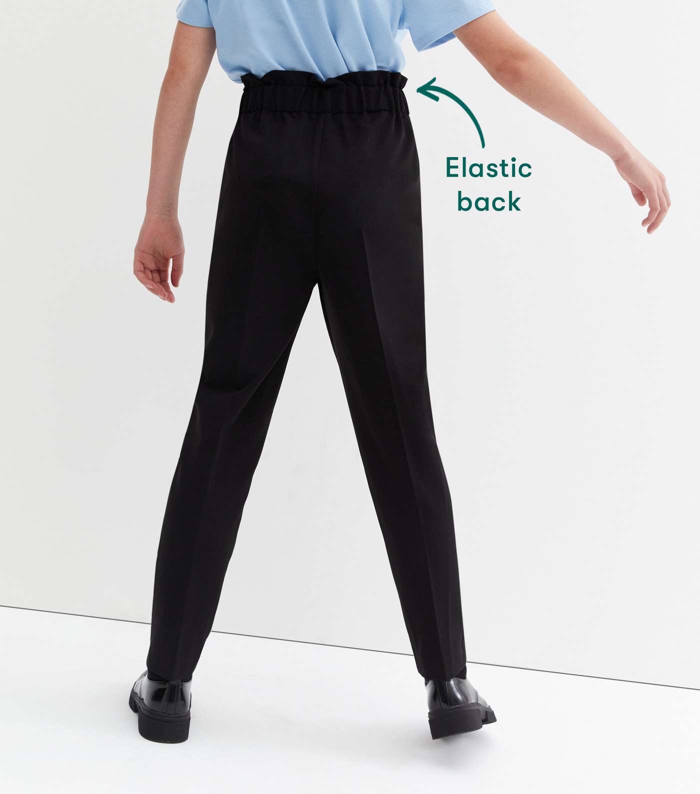 Girls Black High Waist Elastic Back Tapered Leg School Trousers Image 3