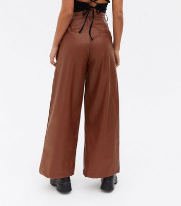 Petite Dark Brown Leather-Look Wide Leg 
