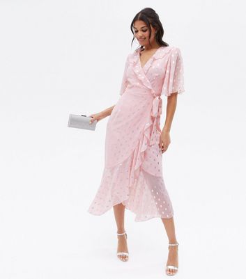 Little Mistress Pink Metallic Spot Chiffon Frill Midi Wrap Dress New Look