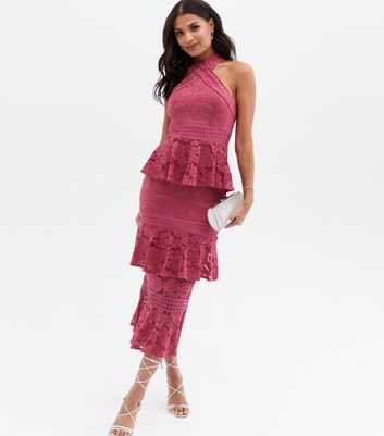 Little Mistress Mid Pink Lace Tiered Halter Maxi Dress
