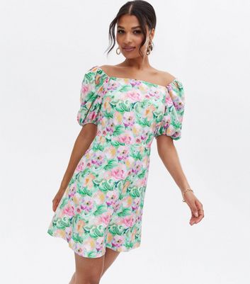 Little Mistress Green Floral Bardot Mini Dress New Look