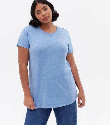 Damen Bekleidung Curves Blue Acid Wash Oversized T-Shirt