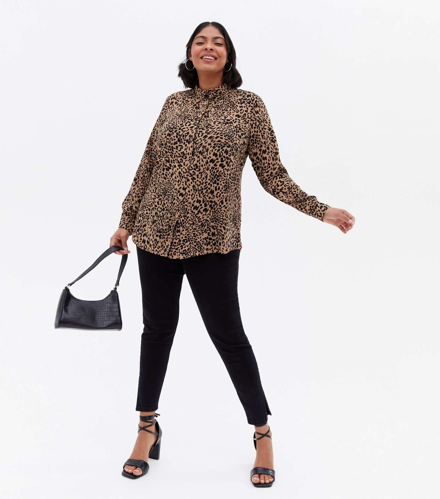 Curves Brown Leopard Print Collared Shirt Image 2