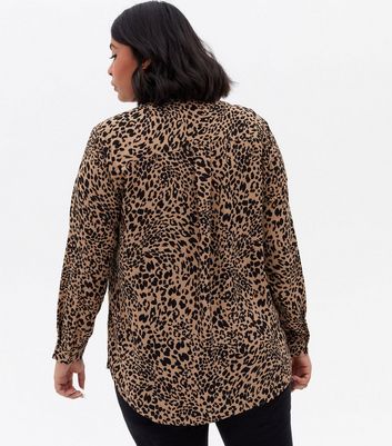 Curves Brown Leopard Print Collared Shirt New Look