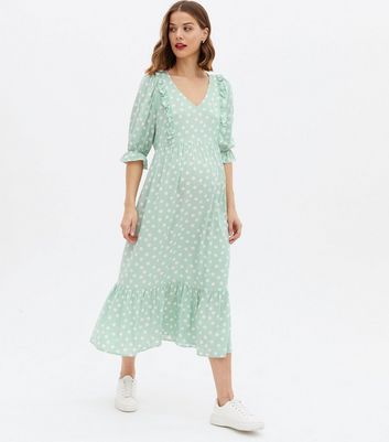 Click to view product details and reviews for Maternity Green Spot Ruffle Tiered Nursing Midi Dress New Look.