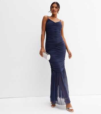 Little Mistress Navy Ruched Strappy Maxi Dress