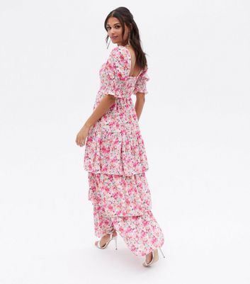 Little Mistress Pink Floral Sweetheart Tiered Maxi Dress New Look