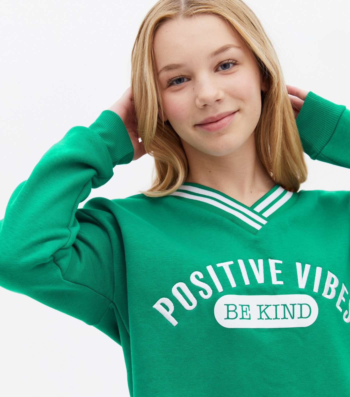 Girls Green V Neck Positive Vibes Logo Sweatshirt Image 3