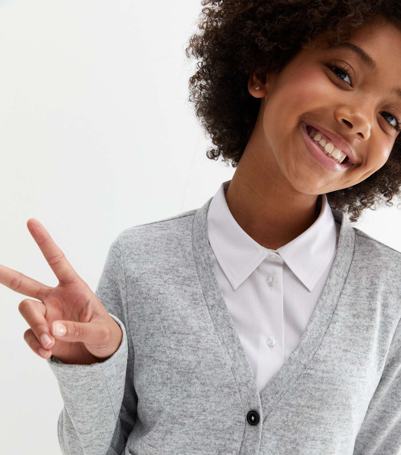 Girls Grey Fine Knit V Neck Button School Cardigan Image 3