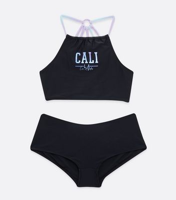 Girls Black Metallic Cali Logo Halter Bikini Set New Look