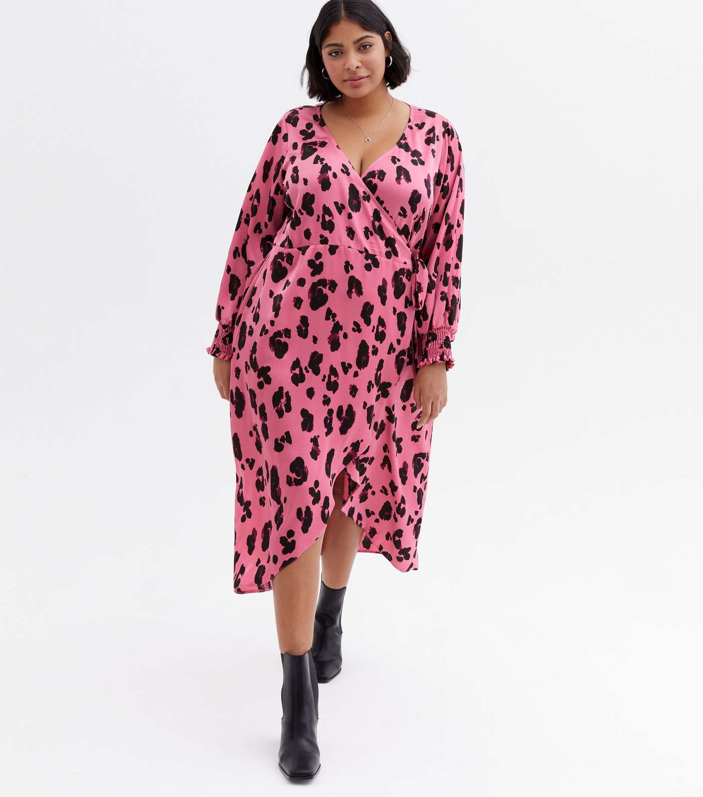Curves Pink Leopard Print Satin Midi Wrap Dress