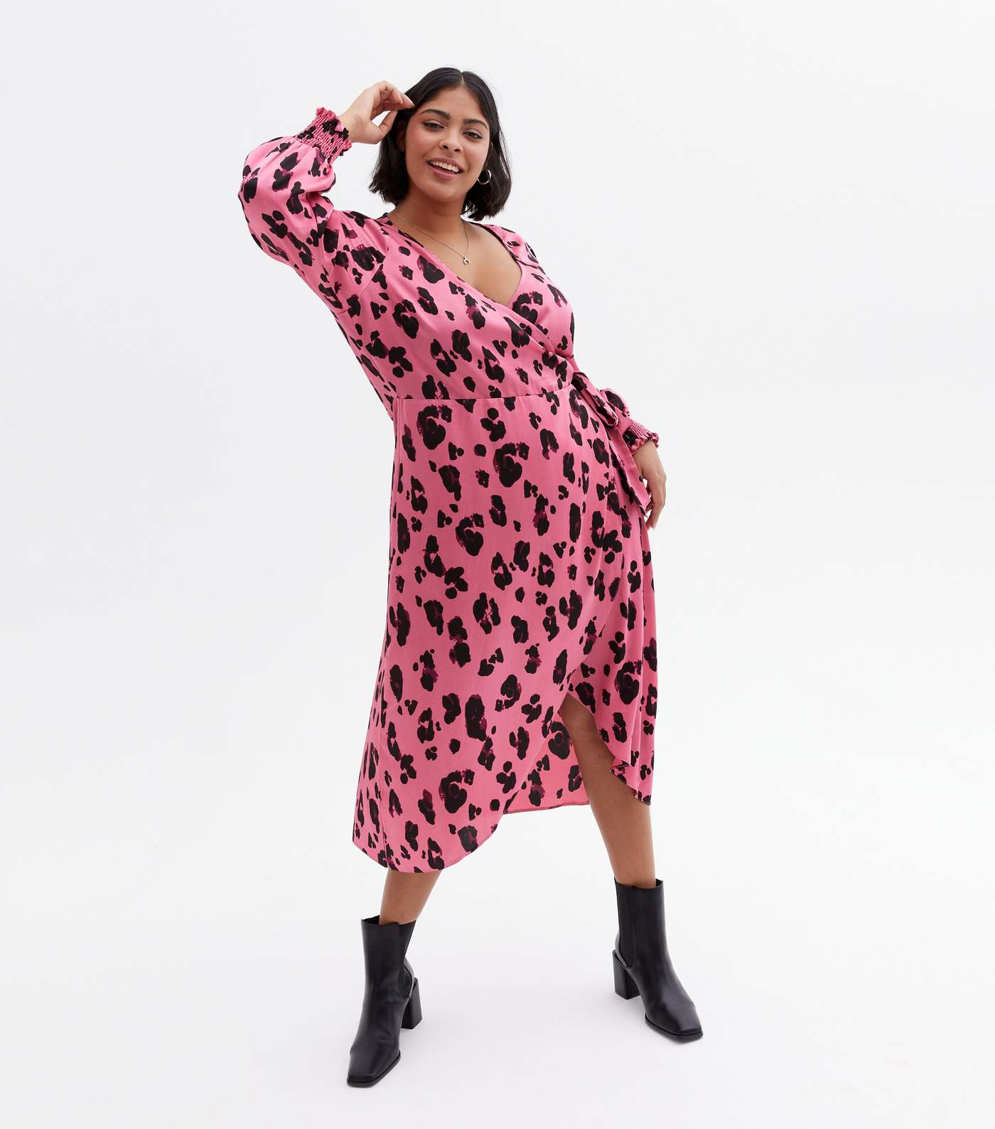 Curves Pink Leopard Print Satin Midi Wrap Dress Image 3