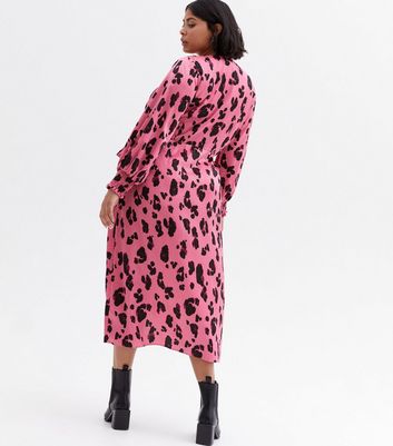 Curves Pink Leopard Print Satin Midi Wrap Dress New Look