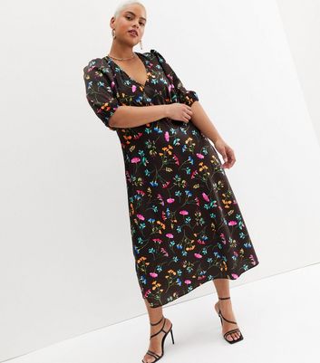 Curves Black Floral Puff Sleeve Midi Dress New Look