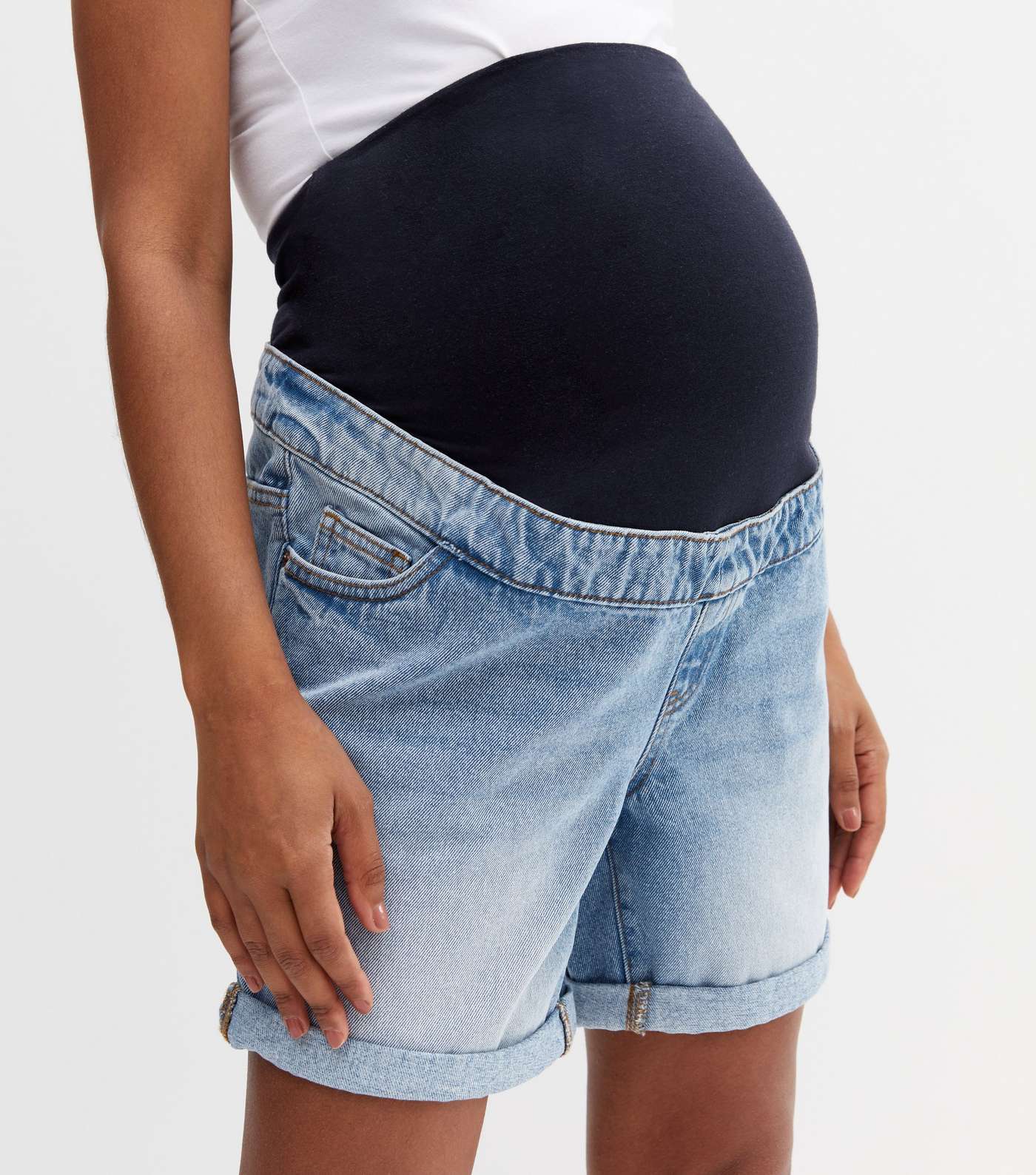 Maternity Bright Blue Denim Over Bump Shorts Image 3