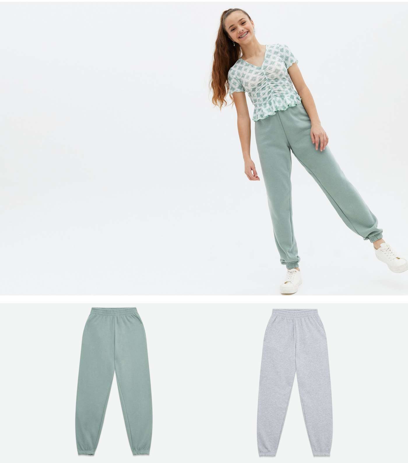 Girls 2 Pack Light Green and Grey Cuffed Joggers