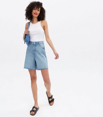 Tall Blue Denim Raw Hem Bermuda Shorts | New Look