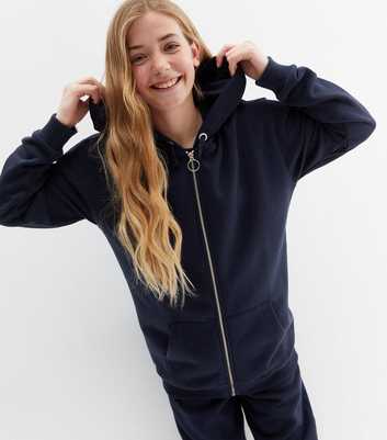 Girls Navy Long Zip Hoodie