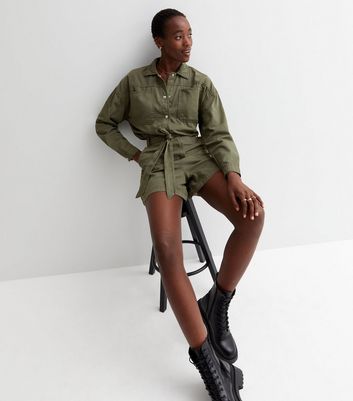 Tall Khaki Denim Belted Utility Playsuit