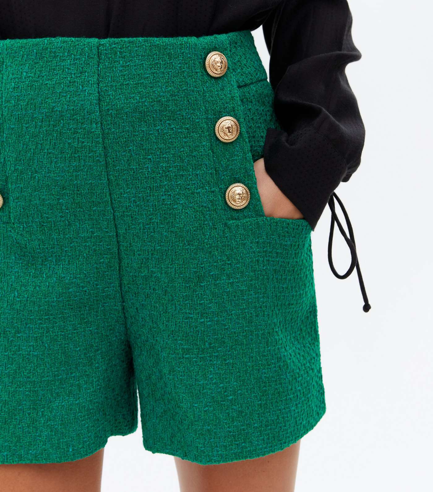 Green Bouclé Button Front Shorts Image 3