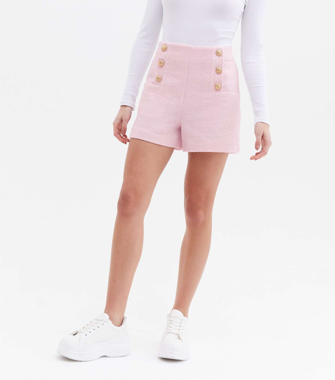 Pink Bouclé Button Front Shorts Image 2
