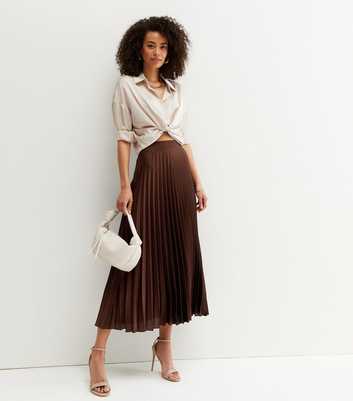 Tall Dark Brown Satin High Waist Pleated Midi Skirt