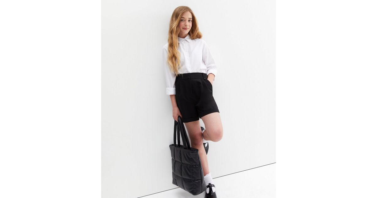 Girls Black Pleated Turn Up Hem School Shorts New Look