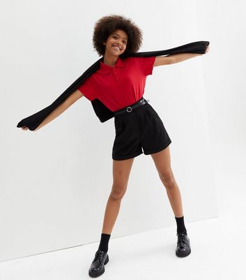 Girls Black Belted Turn Up Hem Shorts 