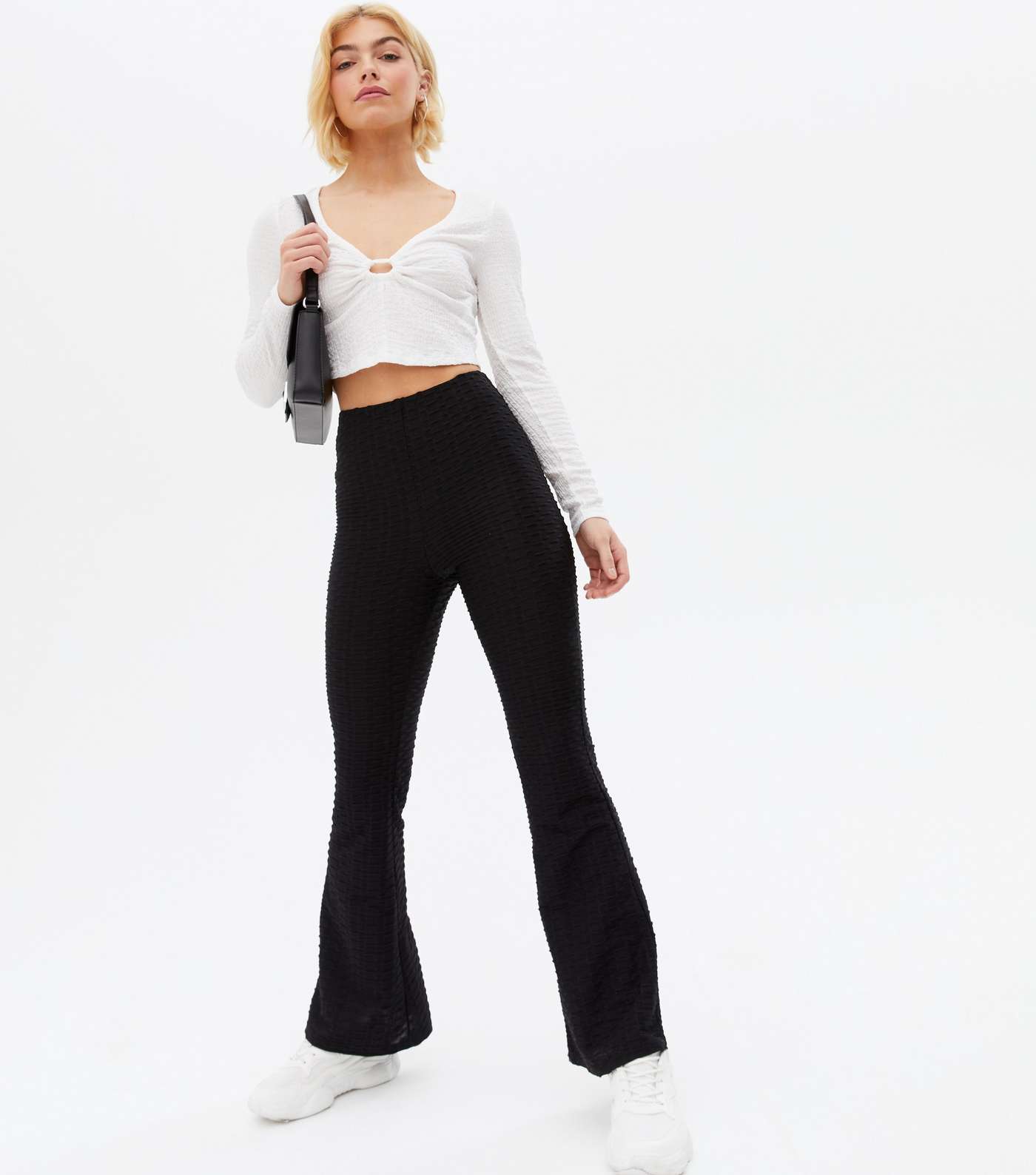 Black Textured Flared Trousers