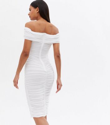 white ruched bardot dress