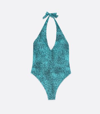 Damen Bekleidung Blue Leopard Print Halter Neck Swimsuit