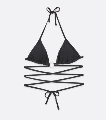 Black Ring Tie Strappy Triangle Bikini Top New Look