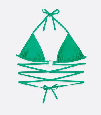 Green Ring Tie Strappy Triangle Bikini Top New Look