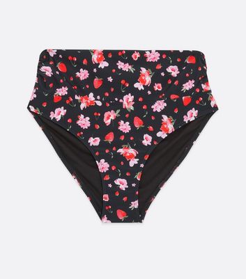 Black Floral Cherry Fold Down High Waist Bikini Bottoms New Look