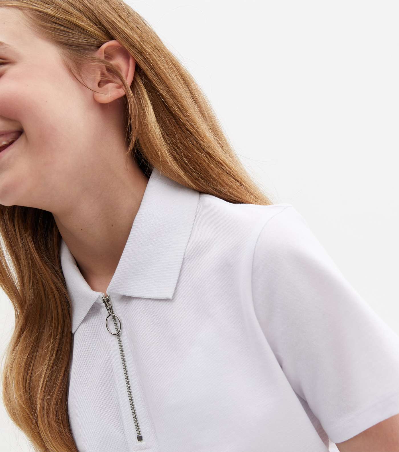 Girls White Piqué Zip Collar Polo School Shirt Image 7