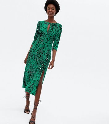 Green Leopard Print Keyhole 3 4 Sleeve Midi Dress New Look