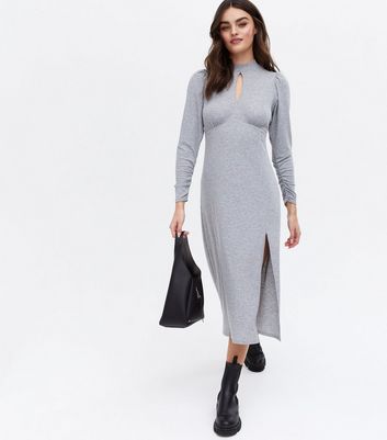 Grey Ribbed Keyhole Long Sleeve Midi Dress New Look