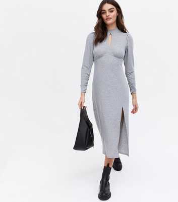 Grey Ribbed Keyhole Long Sleeve Midi Dress