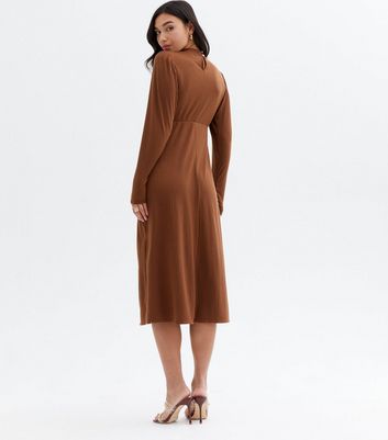 Light Brown Ribbed Keyhole Long Sleeve Midi Dress New Look