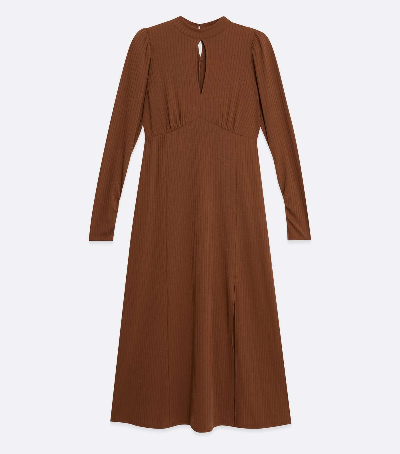 Light Brown Ribbed Keyhole Long Sleeve Midi Dress Image 4